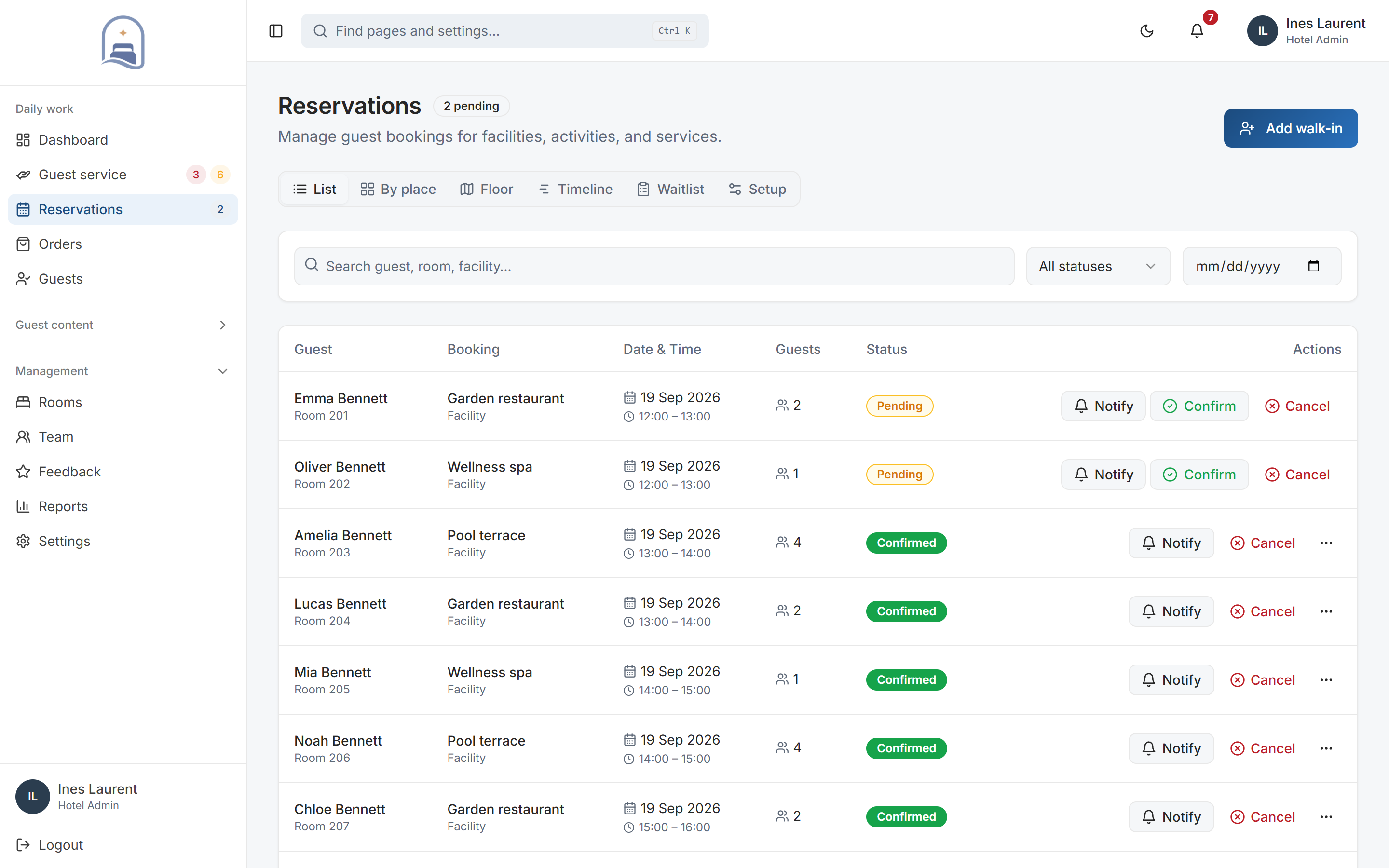 My Stay reservations with dining, spa, and pool bookings, guest details, and confirmations