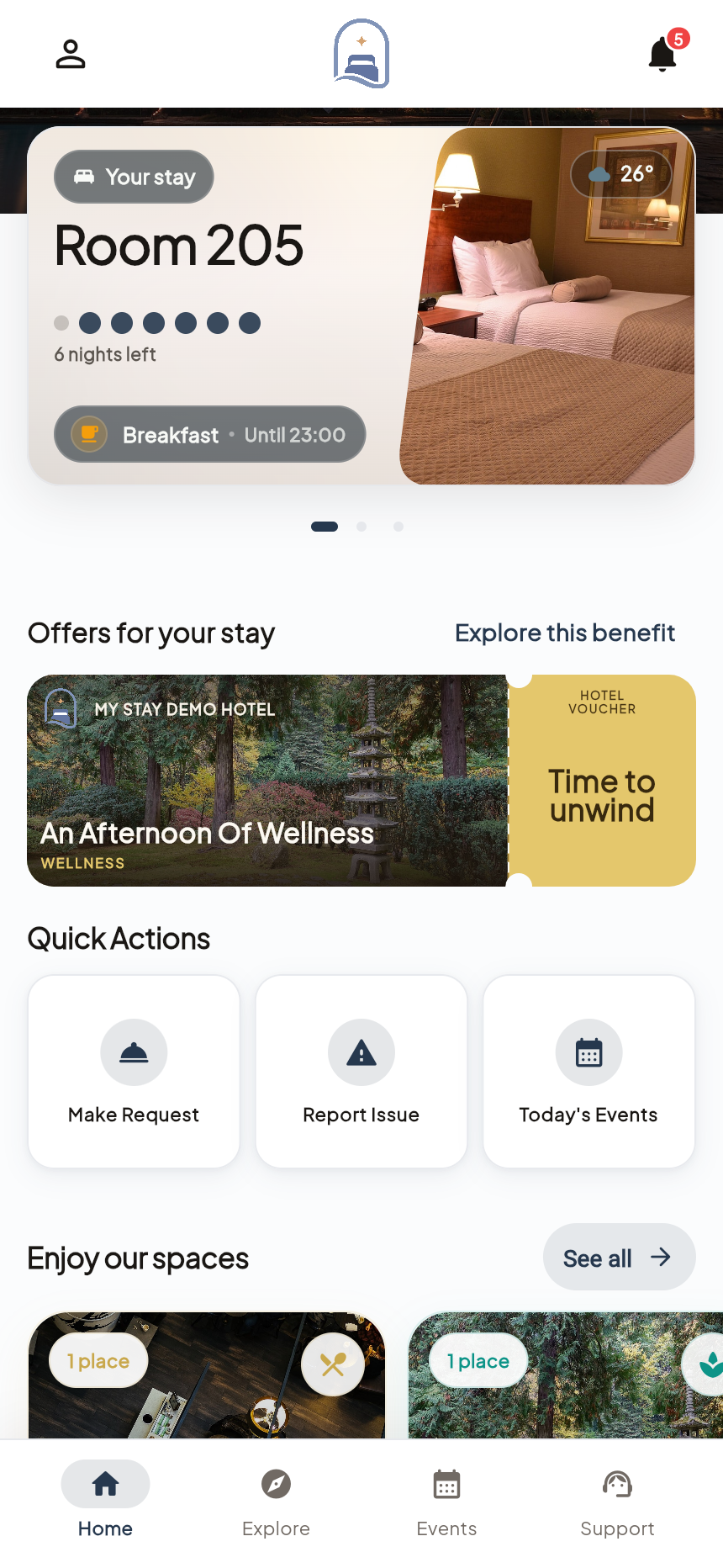 Application client My Stay avec accueil personnalisé, informations sur la chambre, services et expériences
